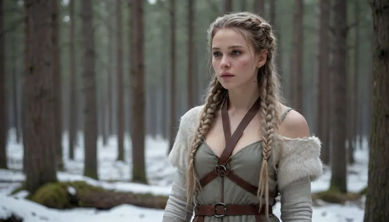 A 24-year-old woman in a gloomy winter forest, dressed only in a tight-fitting jumpsuit made of natural materials, (woven fibers or tanned leather), and a thick animal skin thrown around her neck. Her extremely long white dreadlocks are arranged in an intricate hairstyle with braids and bone beads. She wears thigh-high boots with thick soles, worn and practical. The setting is a bleak, frost-covered forest, dead trees with icicles, faint lights like the Aurora borealis in a smog-covered sky, and a light snowfall. She has her back to the viewer, turns her head to look cautiously over her shoulder, tense but calm, a simple wooden bow in her hand. No cyberpunk elements-focus on rough, organic textures, (rough skin, fluffy fur, cracked wood), and muted colors, (cream, brown, ashen), . -gray, with pale \, snowy contrasts. Style, harsh realism with a touch of pristine beauty in a decaying world.