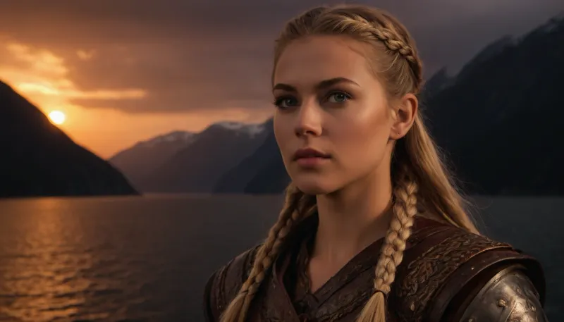 (Viking woman, Scandinavian warrior, Viking armor:1.8), (Viking Drakkar, Viking longship, fjord, sunset, stormy seas:1.8), (avant-garde snapshot aesthetic, medium full shot, cinematic lighting, portrait in profile, rule of thirds:1.5), (masterpiece, best quality, 8k, RAW photography, award-winning), (sharp focus on eyes:1.6), (hyper feminine features, lightly bronzed tan skin:1.5), (fierce woman:1.4), (intricate eye details, warm eyes, vivid eyes, stunning eyes:1.4), (long delicate eyelashes, subtle natural look makeup:1.4), (textured ash blonde hair with dark highlights, intricate and elaborate braids:1.4), (midnight rendezvous, late night tryst:1.6), (shallow depth of field, professional color grading:1.6), (softly blurred background:1.3), (natural skin texture:1.6), (realistic skin details:1.5), (intricately detailed hair:1.5), (expressive detailed eyes:1.6), (visible limbal ring:1.5), (detailed iris texture:1.5), (natural hair texture:1.4), (realistic eye texture:1.5), subtle vellus hairs, ziprealism