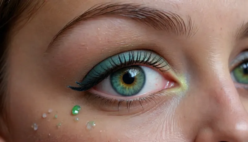 closeup, a coquettish woman with a very long hair, paint-splash, tears, realistic highly detailed large beautiful crystal eyes with light glowing {blue, green, brown} iris, heartshaped lips, freckles, lip gloss, aroused skin, olive skin, #KITTYART