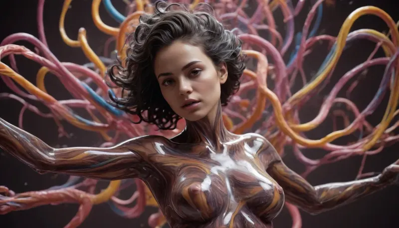 arafed image of a columbian woman, chaotic swirling ferrofluids, dribbble 8k, nekro xiii, sculpted out of candy, human bodies intertwined, scribbled lines, surrender, polychromatic, anthropomorphic, humanoid, aesthetic, diffuse subsurface scattering