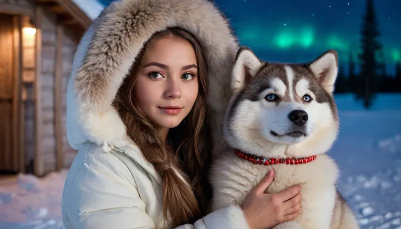 Siberian snowy tundra, night, northern lights, built of snow igloo, near igloo squats a beautiful young girl Chukcha, in a beautiful fur parka, parka decorated with beads and national northern embroidery, the top of the parka is unbuttoned, the girl's breasts are barely covered, the girl hugs a fluffy Siberian husky, full-color picture, quality 8K, the whole body in the frame