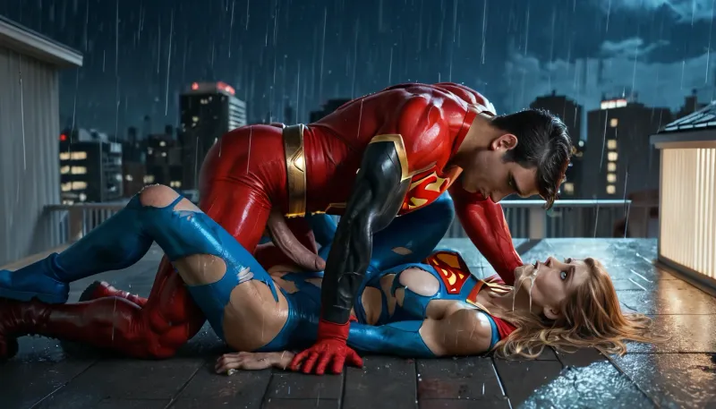 RAW image, Canon EOS R3, DSLR photo, 8k, best quality, (masterpiece:1.1), (realistic, photo-realistic:1.2), ultra high res, ((muscular man), (fit and muscular woman)), backlight, (18 year old woman, redhead, beautiful), (close view of face:1.3), (wet hair), rain, ((rainy weather)), a dark raining city rooftop, ((rooftop)), ((toned shiny sexy supergirl, full-body catsuit)), (shiny catsuit), (ultra-thin catsuit material), (red platform boots), (on back with legs spread on a dark Skyscraper roof), sprawled on back, (head turned and laying on the ground), (body arched over broken and crushed metal rooftoop air-conditioner), (broken rooftop pieces laying around), (lying on top of wreckage), (side view near face), (mouth hanging open, vacant stare, eye roll:1.2), (watery cum is flowing from the pussy:1), jizzed, ((night, rain)), (torn clothes, revealing clothes:1.2), (extremely muscular man in superhero suit standing a short distance away, man's head out of frame, erect cock:1.1), <lora:BUT_SDXL_SHS:.6>, <lora:add-detail-xl:.6>, <lora:DetailedEyes_V3:.5>, <lora:dark:.3>