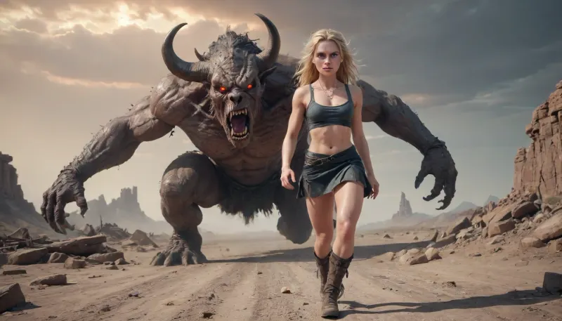 A 25-year-old desert survivor in a post-apocalyptic fantasy world-running across a vast, cracked wasteland under an ominous gray-orange sky. The land is broken and lifeless, littered with the ruins of forgotten civilizations and gnarled trees petrified by time.

The girl has long golden-blonde hair tied in a messy braid, and fair skin with soft, doll-like features. Her big blue eyes are full of fear, but also charm. She is wearing a modest outfit made of stitched leather and torn fabric, a cropped top and a short skirt that accentuates her toned figure. As she runs, she looks back at the monster behind them with a mixture of horror and strange attraction. Looming behind her is a monstrous mutated minotaur-over 10 feet tall, muscular and primal, with jagged obsidian horns, glowing red eyes filled with rage, war scars etched into its flesh, and chains hanging from its waist. His body is a terrifying fusion of power and mutation-armor half melted into muscle, sinew exposed beneath a torn hide-and yet there is an undeniable animal magnetism about him." He stomps forward through the swirling dust and ash, stalking the girl with predatory concentration. Style, dark fantasy, dystopian apocalyptic setting, cinematic lighting, dramatic moment of action, high detail, sensual tension, <lora:EnvyCuteXL02:.8>