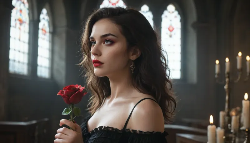 A vampire queen with blood-red lips, holding a black rose, gothic cathedral background, dramatic lighting