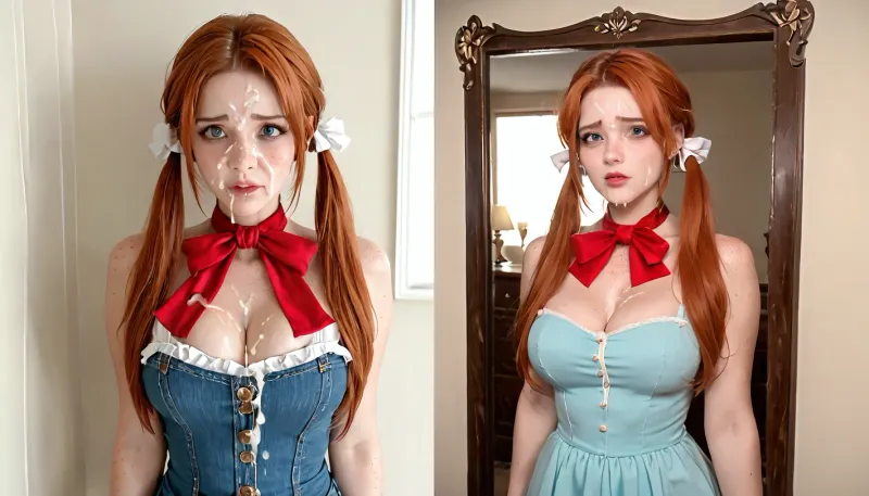 There are 2 photos in this 1 picture a Before and after style picture of a Ginger woman, 35 year old, extra curvy, freckles, huge saggy natural tits. lots of freckles all over her body, extra freckles on the cheeks of her beautiful, (detailed face), ., (photo 1/2), she's fully clothed, dressed in a born again denim dress her hair is down and she is smilling innocently., (Photo 2/2), its a portrait of her tits and face completely covered in thick white cum loads, (focus on tits), . Her hair is in ponytails. She looks scared and sad, her mascara is running down her face. A man is forcefully pulling her pigtails and making her look in the mirror while he laughs. Cum all over her face and tits, bukkake boobs her face too, bukkake, cum, legendary, tits, xl, <lora:MS_Real_XL_Bukkake:2>, <lora:Legendary Tits XL:.8>, <lora:580159_training_data:.8>
