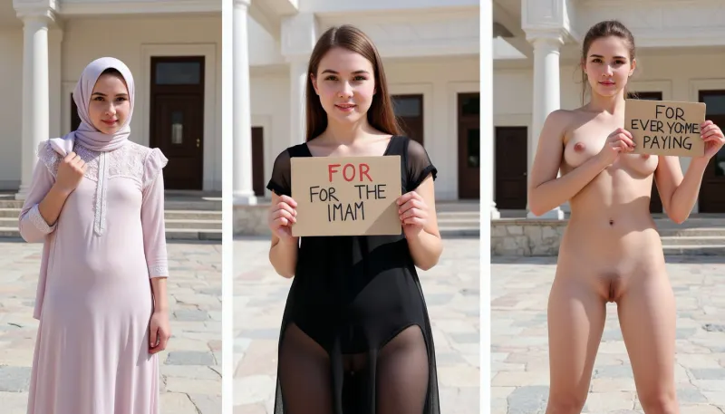 Trois visages de sacrifice: du hijab à la vérité nue avant la mosquée

- Oui.

L'image générée par l'IA montre une jeune femme arabe debout devant une mosquée dans trois scènes côte à côte : la première, modestement habillée d'un hijab tenant 'FOR THE IMAM' ; la seconde, dans une robe noire transparente avec 'FOR MY FAMILY' ; la troisième, nue avec 'FOR EVERYONE PAYING' – chaque image révélant des couches de sacrifice et d'attente sociétale.