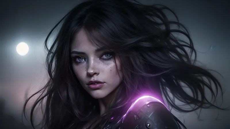 A tilt-shift image of a shy woman with a very long hair, chaotic darkness, scribbled lines, surrender, polychromatic, anthropomorphic, humanoid, diffuse subsurface scattering, elaborate hairstyle, small breasts, realistic highly detailed large beautiful crystal eyes with light glowing {blue, green} iris, heartshaped lips, freckles, lip gloss, aroused skin, purple skin, dramatic sunrise, ground-fog, fog, iridescent perspective view, (blackened darkness mood), night vision, parallax, double exposure, #©KITTYART