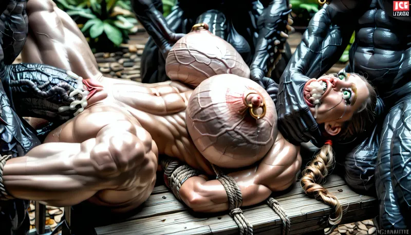 Fairytale, beautiful sexy slender, (((Fairytale Liitle_Red_Riding_Hood))), ponytail, 3/4 view, bare legs, ((massive ass:1.4)), ((massive breasts:1.4)), good hands, perfect fingers, in the forest, wearing a short dress, exposing her breasts, pulling down the top of her dress to show her breasts, POV, 21 year old, rope, bondage, deepthroating, a, man's, penis, blsdp, (large heavy nipple rings:1.5), (leg spreader bar:1.2), UHD 8K, cinematic masterpiece, maximum details, maximum quality, maximum realism, masterpiece, award winning photo, extremely detailed face, (wide expressive emerald-green eyes:1.3), detailed with reflective highlights, (long curled dark eyelashes:1.2), (delicately arched golden eyebrows:1.2), deepthroat, throatfuck, veiny throbbing muscular, ((lying on back)), ((hands tied behind back, hogtied)), fullcolor image, 8K quality, (((woman fucked very hard and rough by 5 big ancient antropomorph black monsters with gigantic dick)), her arms are on her back, the big monster fucks the woman anus, the ass is very stretched by the giant cock, the womans eyes are rolled up, her mouth is open in a scream of pleasure and pain, anal sex, ((antropomorph gigantic dick in mouth:1.3))), ((spitroast)), ((gangbang)), (double anal penetration), hardcore double penetration, proper physics, painful sex, (monster is choking her from behind:1.4), ((hogtied, bound for sex, tied up)), (black eyes), (pale skin:1.3), cock in mouth, (brutal face fuck), Blowjob, (tears in eyes:1.5), (running makeup), (cum drips from nose:1.3), (cum drips from mouth:1.3), random pose, random view angle, (pulled nipples:1.2), nipple clamps, spitroast, cum explosion from mouth, cum explosion from nose, wide eyes, throat bulge, puffy cheeks, thick cum, holding her head with both hands, screaming, shocked, tearful, deep anal penetration, cum explosion, ahegao, (((hyper large cock in mouth:1.3))), (pigtails:1.3), (side view), realistic lighting, soft shadows, high detail, hyperrealistic, 8K, BadX, dvr-shrp, <lora:dvr-shrp:1.1>, <lora:Image Enhancer XL Extreme v1:.7>, <lora:EnvyZoomSliderXL01:2>