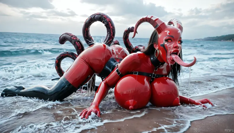 1 woman alien bimbo, 1 futanari bimbo, skinny, (red tall woman:1.3), (red full body latex suit:1.5), (latex is iridescent:1.5), (Breasts covered in latex except nipples:1.5), (Black latex stockings:1.5), (black latex corset:1.5), very slutty face, Giant nipples, very surprised, beach, (face down elevated in the air:1.5), close-up, ultrarealism, masterpiece, alien tongue, vaginal sex, ((massive breasts:1.4)), (horns, long tongue, red eyes), (alien woman:1.3), makeup, narrow waist, glowing eyes, look at viewer, earrings, (huge puffy lips), excited look, (glossy red lipstick:1.2), Current transparent saliva, high detailed face, thin, big breasts, wide hips, red glowing, blood, oral creampie, nipple creampie, cum spurting from the mouth, cum spurting from nipples, covered in cum, bukake, squirt, squirting, ((hands grab boobs)), Tentacle monster, many tentacles, tentacle wrapped around neck, tentacle wrapped around waist, tentacle wrapped around tits, (Tentacles fuck boobs:1.5), tentacles in her mouth, (tentacles fuck pussy:1.5), rear view, rear focus, focus rear, Cinematic light, best quality, mega detailed, mega quality, high detailed, harness, garter, straps, cupless, bra, bmbplora, tentacles, <lora:Harness_Straps_sdxl:1>, <lora:bimboxl_02:.8>, <lora:MS_Real_XL_Tentacles:.9>, Latex, <lora:LatexXLv11:.8>