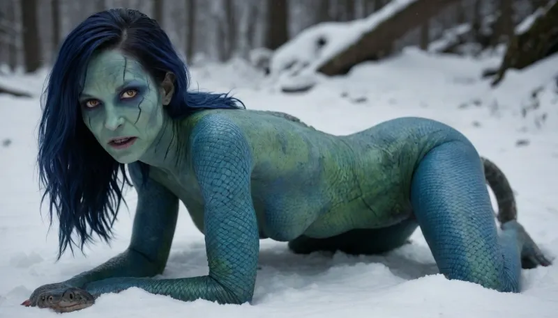 (not human but humanoid body type, alien body, alien proportion, alien anatomy, (snake-like face), green blood, ((blue skin), scaly snake skin, reptile-like skin, scales)), alien female in torn and tattered space jumpsuit creeping through the snow, crawling, prostrated, ((halfnude)), wrecked, wounded, helpless, her broken wrecked space ship in background, (full-length image:1.3)