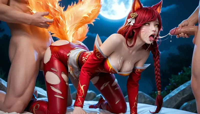 Foxfire Ahri from league of Legends, Dark Red hair, Braided Ponytail, slender body, medium breasts, Fiery fox tails, ripped clothes, ahegao, Below view, glowing yellow eyes, sex from behind, getting fucked by human man, Doggystyle, big dick, cum in pussy, cum on ass, cum on face, cum on breasts, full moon background, ultra detail, (((Dark Red hair:1.3))), (((Fiery Fox Tails:1.3))), (((On hands and knees:1.2))), (((sex from behind:1))), (((ripped clothes:1.4))), ahri, 1girl, long, hair, animal, ears, whisker, markings, korean, clothes, cleavage, detached, sleeves, <lora:ahri_sdxl_lowlearningrate-000024:.8>, bukkake, cum, <lora:MS_Real_XL_Bukkake:.8>
