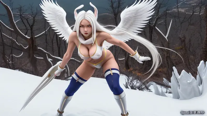 frontal view, (full body view:1.2), rumi usagiyama from boku no hero academia, as warrior archangel, beautiful woman with an muscular body, full and perky breasts, slim waist and wide hips, (very dark brown skin), red eyes that are slightly slanted inward, long eyelashes, long straight white hair with partet bangs that reaches her waist, On her head, she has a long pair of white rabbit ears pointing upwards with a slight bend. round white albino rabbit tail, sexy golden armor over a long white robe with pelvic drape, (clothes ripped apart), (visible bare breasts and pussy:1.4), (long white angel wings), turtleneck, fur collar, gloves, sleeveless leotard, high leg, crescent print, thigh highs, standing aggressive fighting pose, ready to strike, in the mountains, sun coming up over mountain, clear sky, <lora:MirkoMHA-v1:.5>, <lora:rumi usagiyama s6-lora-nochekaiser:.5>