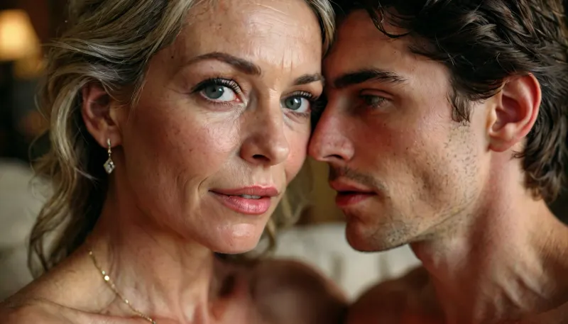 Nude mature beautiful 58-year-old stepmom and 20-year-old stepson having passionate sex, 3/4 view, (((adult))), highly detailed skin, high quality, detailed skin texture, highly detailed hair, makeup, clear body, highly detailed body, realistic, insanely detailed, supreme quality, ultra-detailed, professional photography, masterpiece, photorealism, <lora:MJ52:.8>