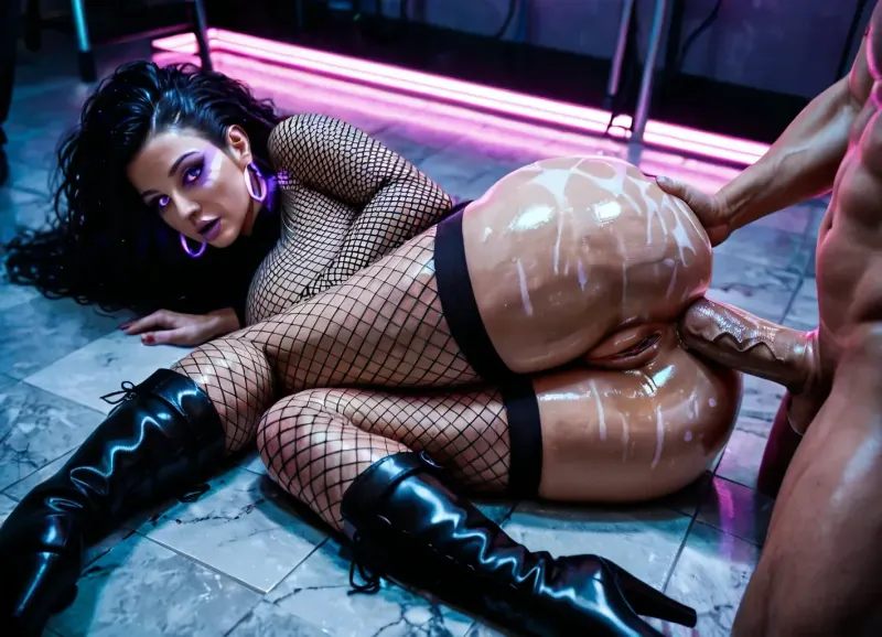 40 y.o. good looking woman, named Sophie, MILF, straight very long black hair, highly detailed pretty face with high cheek bones, big eyes, Caucasian, no makeup, pale skin, (oiled skin), curvaceous, very long legs, large ass, shaved pussy, huge giant breasts, seductive, experienced, exhibitionist, full body, no underwear, pussy lips exposed, (black thigh high fishnet stockings), long-sleeved black fishnet shirt, black ankle plateau boots, lying on floor, (lying on her side:1.3), pussy exposed, man lies behind her, (men fucks her ass from behind:1.3), anal sex, (his cock is deep inside her ass:1.2), (her legs are stretched out:1.2), crowded night club with lots of women and men in the background, (ultraviolet lighting:1.4), (glowing neon lights:1.2), (black light), fluorescence lighting, body paint, (view from above), <lora:uv style v2:1>, <lora:add-detail-xl:1>