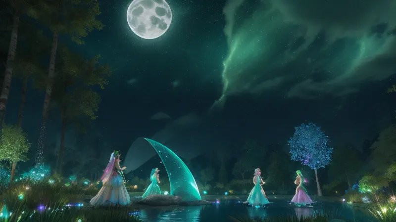 2girls, lesbian, large green strap on, huge cyan dildo, Detailed background, night, very bright moonlight, outside, forest, glowing green grass to water, pond, magic pond, green and cyan glows from glitter in the air, bright glowing tiny points of light in air, green sparkles in the air, glowing creatures, colourful wild life, floating glitter speckles, glow flys, cyan sparkles in the air, many moons in sky, volumetric lighting, vivid colours, green and cyan glows in atmosphere