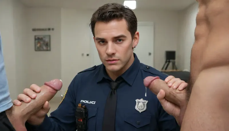 Police man with hard cock out of his pants, handsome and muscular, photoshoot. Getting a hand job Hard cock. Cuming on a criminal. Sperm on criminal. Uncut, semen. Background is the fair, handle people watching in shock
