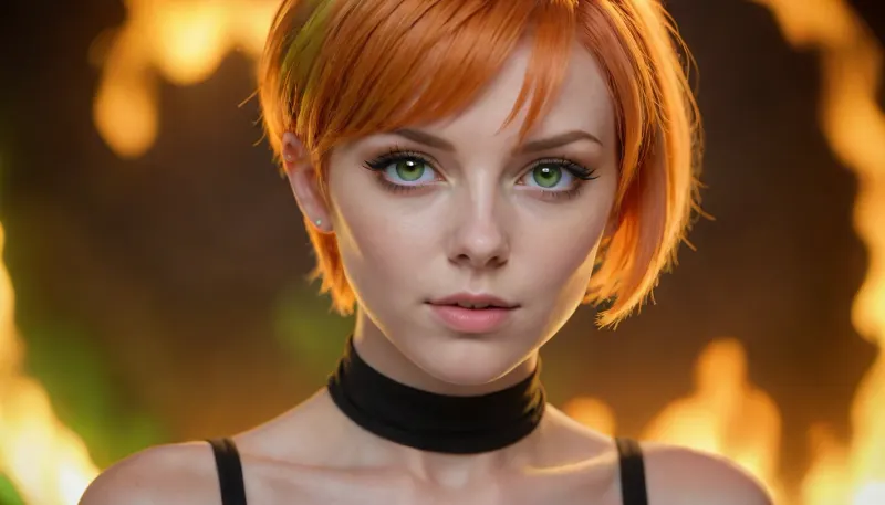 head to toe image of an android girl with orange hair in a long pixie cut and shaved hair seen from the 3/4 side, luminescent Bright Green eyes, (orange fire and flames background), d-cups, <lora:220437_training_data:.5>, <lora:Venus_Body_Alpha:.5>