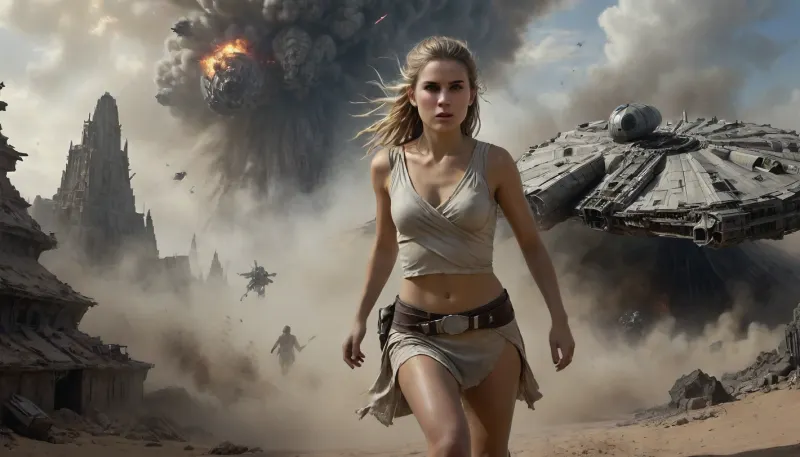 Star Wars Style, heroic full body view of a female Jedi Warrior running dynamically in front of crashing Millennium Falcon to find cover, slender, blonde matted dreadlocks, flat-chested, sweating, dirt, perfect tanned skin, lucky charm necklace, highly detailed used dirty torn Jedi costume, perfect pussy, perfect face, desert, bright sunshine on sweaty skin, deep blue sky, spaceport, exploding and crashing millennium falcon in background, 8k, high resolution, cinematic, mfalcon, Millennium, Falcon, Black, and, white, art, black, shading, charcoal, drawing, toned, brutal, dark, b/w, color, scheme, cloudy, smoke, atmospheric, clouds, fog, <lora:Millennium_Falcon_SDXL_v1_mfalcon_e10:1.3>, <lora:Hell_Constantine_2005_-_Anime:.8>, <lora:Black and white art.V1:.8>, <lora:Cloudy_Style:1>, <lora:ahxl_v1:1.2>