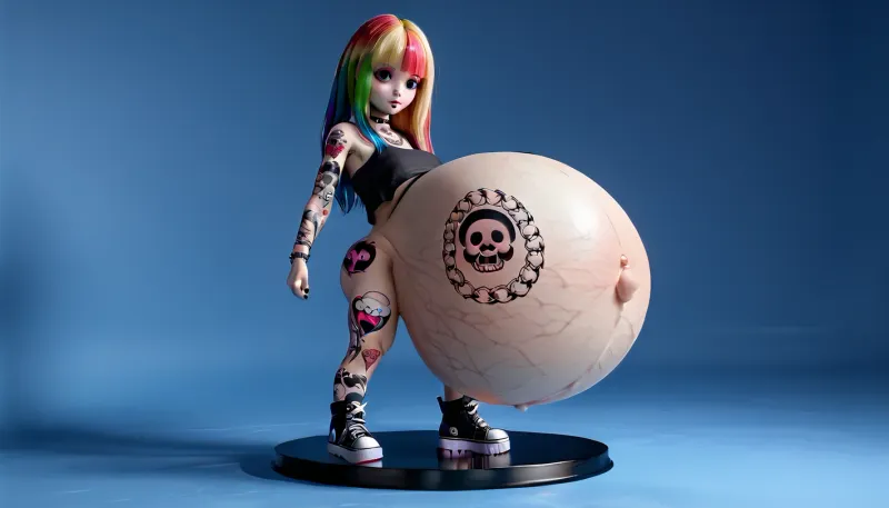 (((((one young girl))))), (((((wide view))))), (((((full body view))))), (((((cute face))))), Very Hot, (((((very muscular))))), (((((very curvy))))), (((((very small very petite young midget skinny girl))))), (((((huge pregnant belly))))), ((((full color tattoos)))), ((goth, emo, emo young adult girl)), pale white skin, complex 3d render ultra detailed, Hair, bdsm, pvc, long, pixie haircut, (((rainbow hair))), (((colourful hair))), colourful bright hair distinctive angular cut, with large forelocks framing her face. large and green eyes, with thick, black eyelashes, determined expression. big butt, wears a black choker, huge breasts, no breasts, perfact body, Exposed butt, naked pussy, exposed Vagina, detailed vagina