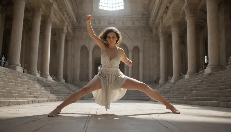 A muliere ad ferrum, a young Slavic gladiatrix, beautiful and fierce, in a fighting pose and stance, surrounded by a Roman coliseum and architecture, cinematic shot, hyperrealism, 8k, UHD