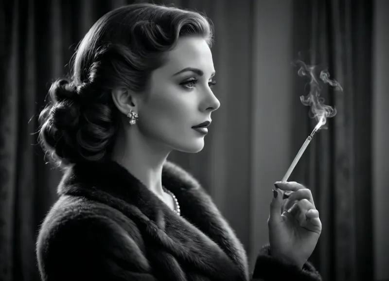 Create a vintage black and white image of a sophisticated woman in profile, elegantly styled with wavy hair and subtle accessories like hairpins and pearl jewelry. She holds a long cigarette holder, exhaling a thin trail of smoke. Drape her in a luxurious fur coat, with a soft focus background that enhances the aura of glamour and nostalgia. Emphasize the chiaroscuro lighting to highlight her features and create a classic, timeless ambiance.