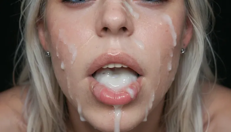 Bukkake의 마지막 인상 : cum-covered 얼굴의 고해상도 매크로 사진