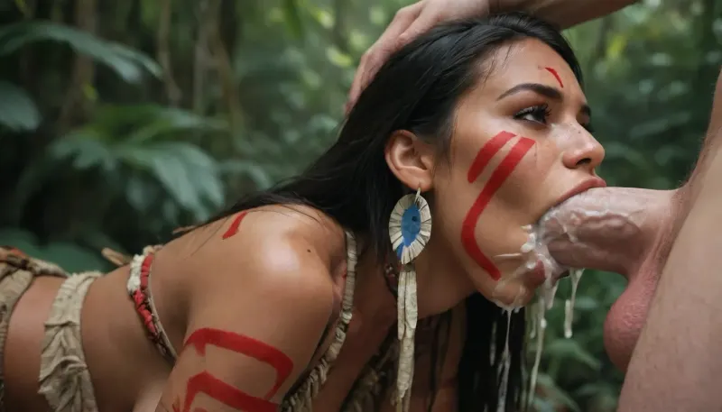(Masterpiece, Best quality), (sexy cute 18yo native American), (red paints on face and body), (native American), (straight black hair), (wears tribal clothes), (huge dick on her side), (sided deepthroat), (sided), (mouth full cum), (American jungle)