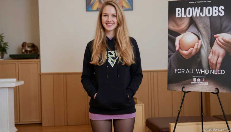 A woman is wearing, (a hoodie), and, (a medium skirt), (pantyhose), she has long weavy blonde hair, in a modern church. Next to her stands a poster stand. On the poster in the stand is text printed in large letters "BLOWJOBS FOR ALL WHO NEED".