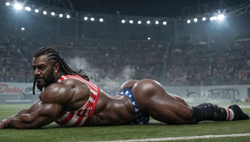 A black slut daddy, 60-years-old, muscles, big pecs, (big pecs:1.3), big bulge, big booty, (big booty:1.6), full beard, big thick mustache, (dreadlocks hair:1.1), dark black skin, (black skin:1.4), (old black daddy:1.4), black slut daddy, american flag crop-top, american flag thong, (torn thong:1.2), big bulge thong, long sport socks, old dirty sneackers, base-ball cap, lot of base-ball balls on floor, sexy picture, lying on base-ball stadium, base-ball batte holding behind his head, dark night, full-length, only gay, fog, (fog:1.4), full-length view, only solo picture, hot teasing daddy, sexy poses for the viewer, from rear view