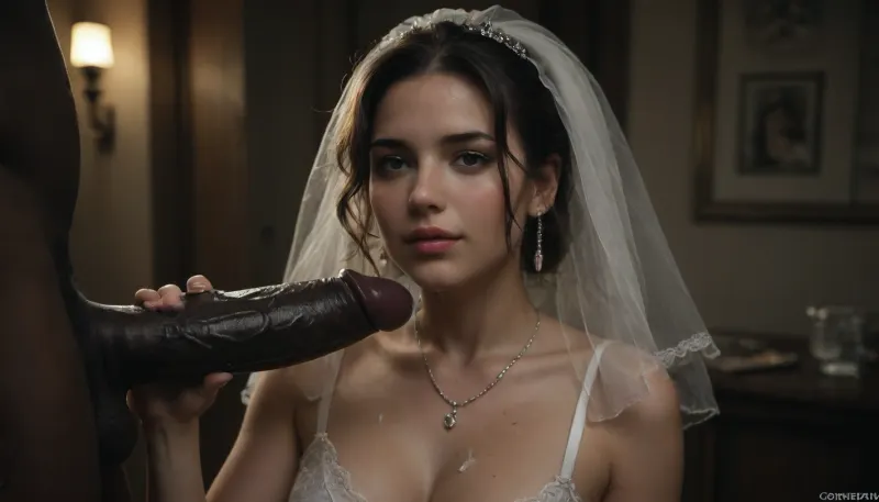 interracial, very large black penis, The happy chubby Persian bride in sexy wedding dress, cum driping bride's chain' cum driping from black penis, drinking sperm from transparent cup, there is glossy and sticky sperm in cup, cup full of sperm, cum swallowing, ((gokkun)), cum dripping from the corners of her lips, ((text on The cup, "BBC Cum")), logo, text, sign, that, says, the, word, <lora:671410_training_data:.8>, <lora:dark:.5>, <lora:texta:1>, <lora:677862_training_data:.8>