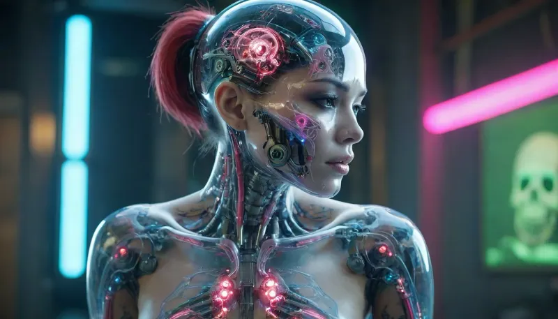zoomed out full body portrait, ((Asian cyborg girl with partial transparent skull with visible wires and red plasma inside her skull, with long platinum wires coming from back of head:1)), human face with many face scars and many tattoos, robotic skeleton with pink lights and green lights and blue lights, riding motorcycle, <lora:PAseer-SDXL-Transparent Robot:.5>