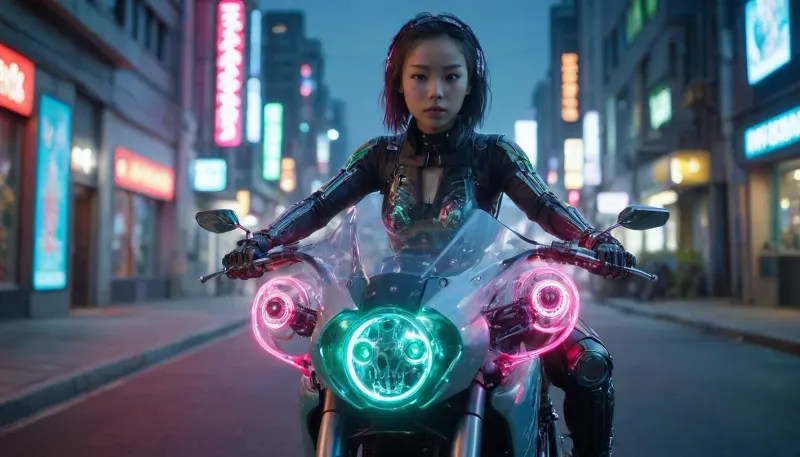 zoomed out full body portrait, ((Asian cyborg girl with partial transparent skull with visible wires and red plasma inside her skull:1)), robotic skeleton with pink lights and green lights and blue lights, riding electric motorcycle with lights on cyberpunk street, <lora:PAseer-SDXL-Transparent Robot:.5>