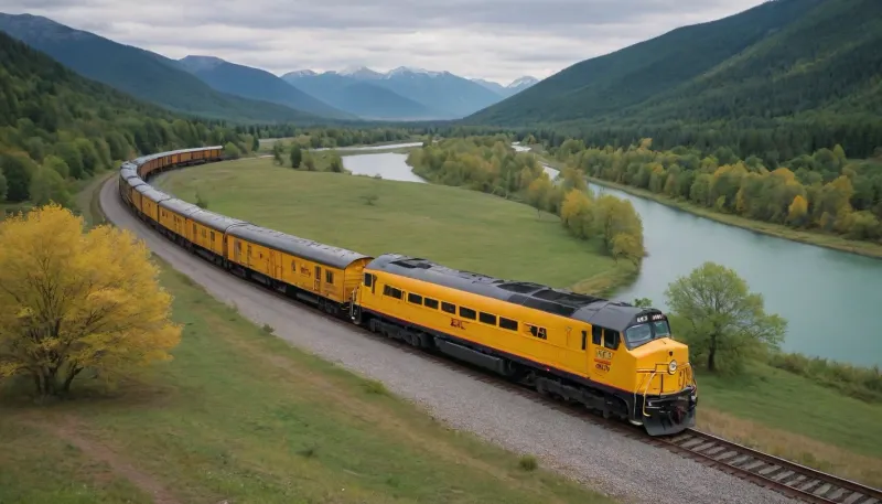 An old freight train with a yellow cab pulls a large number of wagons with cargo along a winding track winding through a plain with sparse trees and a small lake to the foot of a mountain pass