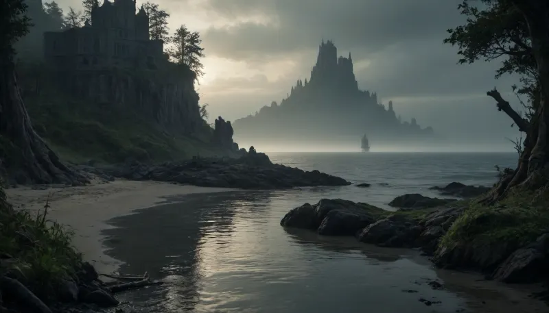 The scene is made on the ocean shore with vegetation in the style of dark fantasy-a dystopia with a very detailed and atmospheric environment. The world in the water is magically infected with glowing anomalies, perverted nature, and the remnants of vanished civilizations. The light is unnatural, casting eerie shadows. The art style combines elements of medieval fantasy.