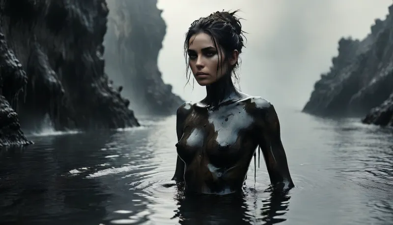slim sexy naked woman climbs out of a thick black oil lake after oil bathing, the black oil runs viscously and slowly from her body, oiled birds and oiled plants, black oiled hair, perfect face, perfect black eyes, perfect flat-chested body, realistic skin, dirty skinblack tattoos decorating the whole body, (black oil on skin:1.8), dirty skin, cloudy, smoke, atmospheric, clouds, underwater, blue grotto, cave, reef, Black, and, white, art, black, shading, charcoal, toned, brutal, dark, b/w, color, scheme, ral-motoroil, <lora:Cloudy_Style:.6>, <lora:Underwater_Environment_v01-000002:.4>, <lora:Black and white art.V1:1.1>, <lora:MJ52:.8>, <lora:ral-motoroil-sdxl:1.2>