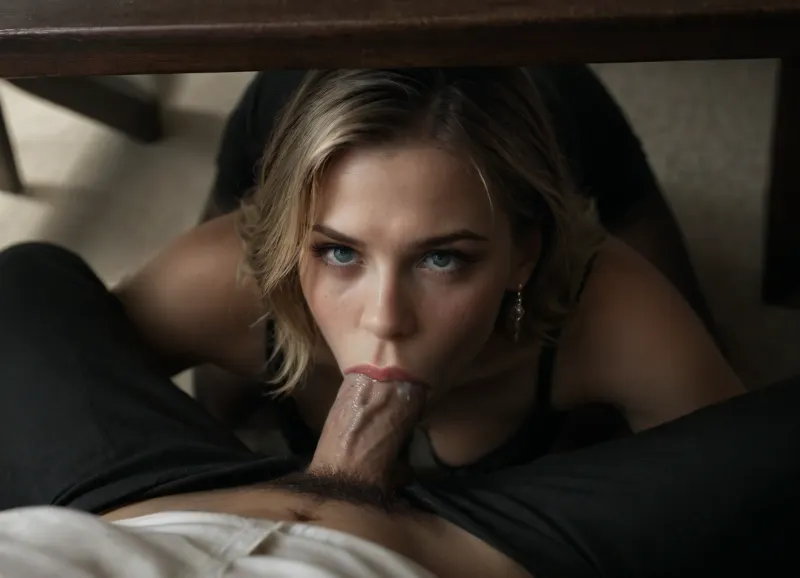 20 year old secretary lying under table, blonde, in office, show lace bra, pulling down panties, panties down, down pantyhose, skirt down, (blowjob to a man under table), ((man on the other side of the table)), focus on her shoulders, view from beside 3/4, cum on face, great, lighting, <lora:great_lighting:2>, <lora:TLS:.8>, <lora:dark:.8>