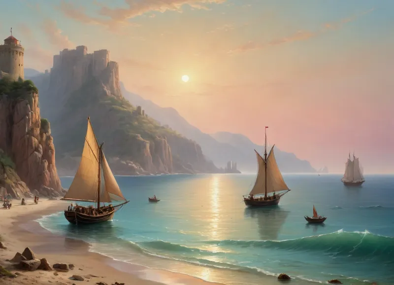 The painting is in the style of the Russian artist Ivan Konstantinovich Aivazovsky.In the central part of the canvas there is a sailboat standing on a raid near the walls of the Genoese fortress. The rays of the rising sun turn the sails of the ship pale pink. The turquoise expanse of the sea is calm, and the unfurled sails are reflected in it, as if in a mirror. In the foreground of the painting, on a sandy beach near the sea, the viewer sees a cart pulled by two oxen and a boat approaching the shore. Near the cart and boat, the author depicted local residents dressed in national costumes.
In the haze of morning fog, the outlines of sailboats standing in the bay are barely discernible. The rays of the sun rising over the mountains fill the sky, the peaks of the rocks and the sea near the horizon with a warm lemon yellow color.
In the misty haze on the tops of the coastal cliffs, you can see the ancient towers of the ancient Genoese fortress.
The painting is imbued with lyrical romanticism, which is especially felt on Aivazovsky's canvases, painted in the so-called oriental taste.