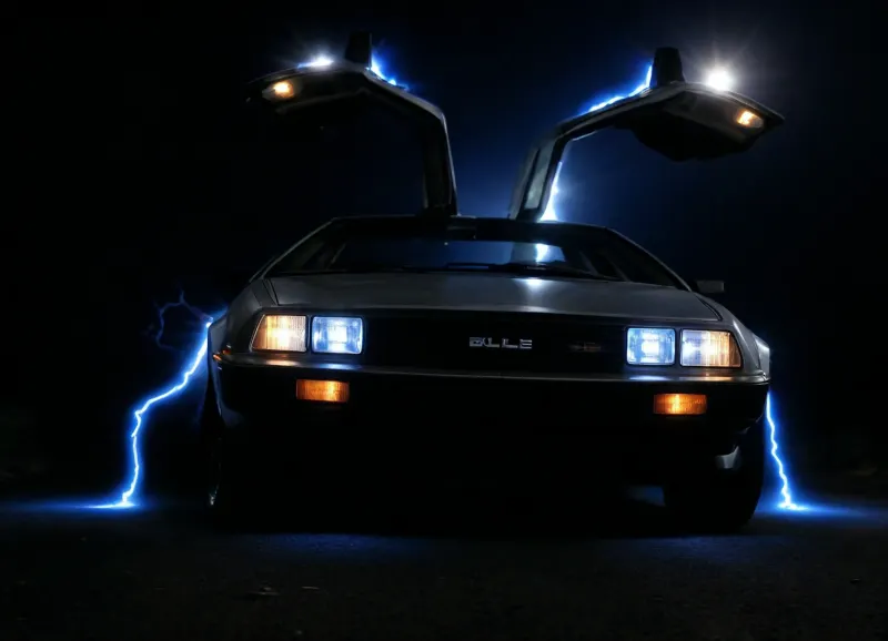 DeLorean from BTTF, (Back to the Future), Night, Dark Sky, Road in Desert, Real Road, Lights of DeLorean, (Travel Time Effects, Driving to 88mph, Driving Effects, Blue Lights on Components Located on the Wings of the DeLorean, ((Blue Flash, Blue Flashes from the DeLorean, Blue Fire Flashes, Lightning Flashes all Around the DeLorean))), Marty McFly Sits in the DeLorean and Drives it, Side View from Below, <lora:dark:.5>
