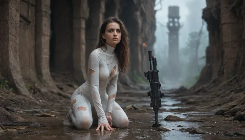 Elegant British 28 years, tanned skin, elongated face, fine nose, intense blue eyes, worried, panicked look, slim waist, rounded breast, muscular, very long messy dark hair, wet hair, soaked, alone, white latex astronaut skin-tight suit with gold trim, very torn clothes, raining, wet body, one breast exposed, scratches, fantastic jungles, bio-energy projector, alien strange landscape, alien artifacts ruins., edgFut_clothing, wearing, circuits, filmic, heavy, laser gun in hand, full body view, <lora:edgFuturisticXL:1.2>, <lora:filmicVibesXL_v1.1:1>, <lora:Future_Citys_xl-000012:1>, <lora:607315_training_data:1.4>, <lora:383440_training_data:.8>