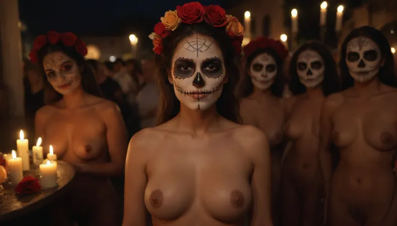Multiple women, Group of Busty naked Mexican women in a public square with catrina face painting, no clothes, D14, D3, L0s, Mu3rt0s, female, painted, skull, roses, candles, panoramic view, full body view, masterpiece, 32k, very detailed, atmospheric lighting, perfect lighting, perfect centered, ultra realistic, phitorealisn, perfect anatomy, peferct teeth, perfect eyes, realistic skin structure, <lora:Día_De_Los_Muertos:1.5>