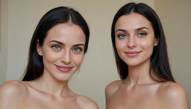 Ultra photorealistic portrait, 4k, highly detailed, Sexy beautiful mother with her young sexy beautiful daughter, perfect breasts, shaved pussy, shaved pubis, russian, naked, nude, happy, cute face, perfect face, ultra detailed face, perfect blue eyes, slender body, inheritance, long black hair on the head, perfect skin, perfectly clear skin, composition of two women, smile, show pussy, shiny body
