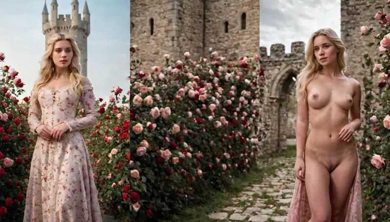 On the first picture on the left a young medieval courtesan, petite, blonde hair, stands in front of a, (tower covered in roses), wearing a simple medieval dress. SPLIT
On the second picture on the right she stands in front of the same tower, but is, (naked, nude), ., onoff, <lora:OnoffXL_ExtraCrispy:.8>