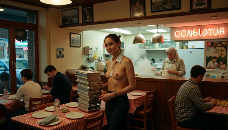 A bustling pelmeni diner at night, steam fogging the windows. A young waitress nude naked in Soviet-era uniform — carries stacked aluminum trays of dumplings. Behind the counter, babushka in headscarf ladling sour cream, neon 'ПЕЛЬМЕНИ' sign buzzing. Tables with checkered cloths, students eating, old men playing chess. Kitchen glimpse, giant boiling pots, hanging garlic braids. Fisheye lens, warm tungsten lighting, Kodak Gold 200 film grain. Style, socialist realism meets urban nostalgia. nude naked