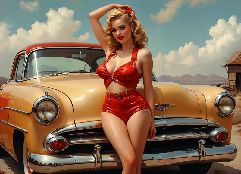 A pin-up style illustration of a young woman with a mid-20th century retro aesthetic. Full length. She has large expressive eyes, white skin, soft wavy fire elemental hair in a 1950s hairstyle, and a cheerful or playful expression. She is wearing classic leather BDSM clothing. Her body type is medium, with natural curves, no exaggeration, realistic proportions. She appears in dynamic or charming poses, reflecting mid-century pin-up art. The lighting is soft and vintage-inspired, with a clean background or stylized setting appropriate to the theme, (e.g. post-apocalyptic landscape), . Illustration is rendered in traditional pin-up painting style, (like Gil Elvgren), with warm tones and gentle shading, sagging, style, of, Art, Frahm, latex, matte, shiny, inflatable, <lora:sagging-000015:2>, <lora:tbh210-sdxl:1.5>, <lora:shinylatex-merged:1>, <lora:MJ52:1.5>
