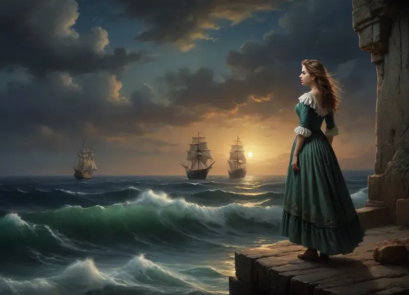 girl in fluttering tattered and torn medieval ragged dress stands on high cliff above sea, stormy sea in the right part of frame, sinking sailing ship on the horizon, girl looking out to sea, gale force winds, girl looking at sinking ship, view from distance, (oil painting in Aivazovsky style, night, nighttime, low lighting, highly detailed figure, at night, darkness)