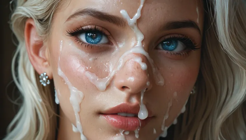 close up of sexy cum covered face, multiple cumshots, blue eyes, beautiful eyelashes