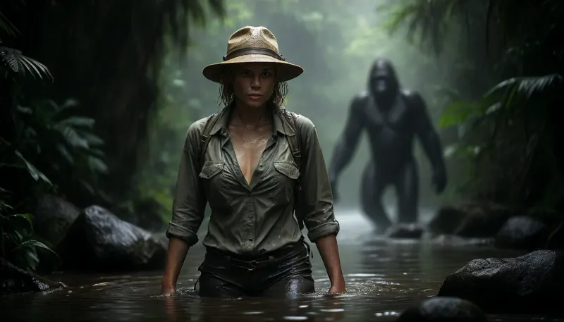 A slender blonde solo jungle explorer looks extremely seductive while wading through a jungle stream, (flat-chested:1.5), hot, perfect face, silent smile, perfect hands, perfectly slender body, tight butt, fully dressed in a, (wet trekking cargo-pants, shirt, hat and trekking backpack:1.7), (highly detailed jungle fauna:1.4), (extremely heavy monsoon rain:1.4), backdrop, (some curious huge gorillas in the blurred background:2), fanju, Jungle by night, w4t3rf4ll, cloudy, smoke, atmospheric, clouds, fog, <lora:Jungle_w4t3rf4ll:.8>, <lora:Cloudy_Style:1.2>, <lora:MJ52:.5>, <lora:dark:.4>