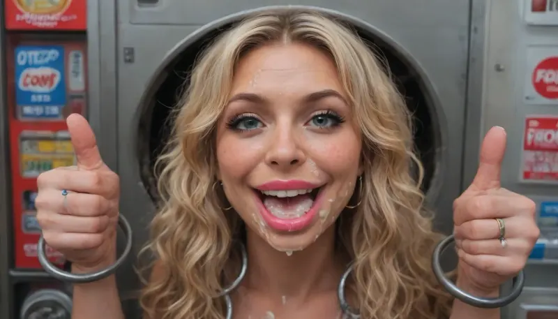(40 years adult), (very happy:1.5), (she hold her thumbs up:1.5), (woman is stuck with her hips in a round hole with metal rim in a vending machine), (her bust is protruding from a round hole in the front of the vending machine:1.5), (stuck in hole with metal rim:1.3), (vending machine at night, slot for payment), (wide mouth spreader ring gag, gaping mouth:1.5), (leaning forward), (wide smile:1.5), (she needs it, pleading expression:1.2), (box is low mounted, close to floor), (score_9, score_8_up, score_7_up, UHD 8K, masterpiece, best quality, maximum details, natural light, extreme realism, cinematic still), (huge penis:1.4), (she stares at erect penis in front of her face:1.5), (POV from above, she is looking up to viewer, submissive), (POV man standing and looking down, man stroking his big dick:1.1), (upper body restrained to wall), (POV standing man, looking down on her:1.2), (mouth wide open), (dirty blonde Swedish woman, freckles, tanned), (tan lines), (iron rings restrain her upper arms to vending machine), (hands protrude from little holes:1.8), (arms restrained with iron rings:1.8), (free-standing vending machine), (her face is covered in cum:1.6), (cum in her mouth:1.1), (bukkake, facial:1.3), (freckles, skin impurities), (transparent liquid:1.2), (realistic cum), (wet face:1.2), (oily skin:1.5), (stuck with hips in a round hole with metal rim:1.6), (long blonde hair, elegantly styled hair, long wavy hair:1.5), (eyes wide open in awe:1.3), (her mouth serves only one purpose), (she's got a new job, she's a public cum dumpster), (pink glossy lips:1.3), (shocking pink lips, pink lipstick:1.5), (eerie lighting:1.3), (smeared lipstick:1.3), (thick bimbo botox lips:1.5)