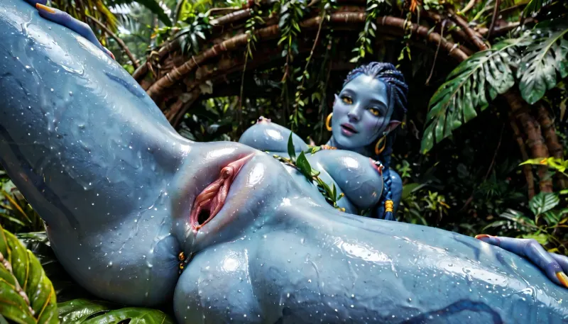 Na'vi giant girl with blue skin, plant dress, oiled body, long tail, yellow eyes, long giant braid, bioluminescent dots all over the skin, nipple piercings, clitoris piercings, pussy sex, pussy close up plane, delicious face, fucking on night with torches, Pandora jungle, 7-Avatar, environment, Na'vi, Quaritch, Neytiri, Avatar, navi, alien, with, blue, skin, <lora:Avatar v1.0:.8>, <lora:navi_v1:2>