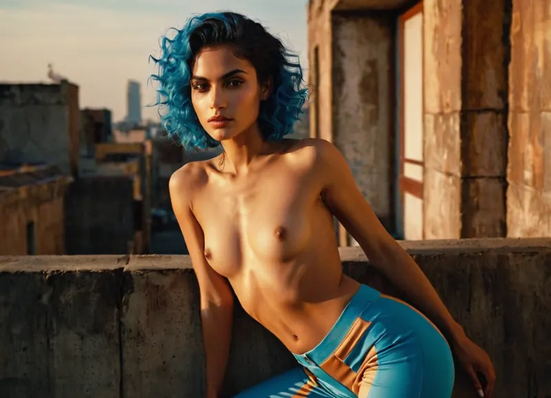 polaroid, Brutalist high Fashion close up on face photo of a 24 year old Macedonian-Keralite female exotic beauty naked with Curious wonder expression. Her body is Chiseled triceps with smooth, firm skin, toned muscles, abs, small breast, flat chest. She has Oily skin with a glossy appearance, especially around the T-zone. The skin pores and texture are clearly visible and in focus. Her Narrow teardrop eyes, Warm, sunset orange eyes, framed by long, elegant eyelashes. Her haircut is Curly bob with face-framing layers. Her haircolor is Blue hair. Her eyebrows are Mini arch shaped, complementing her delicate facial features. Her outfit is Stark angular cut crop top, midriff, Exposed structural support trousers, She poses in She poses with one foot on a low wall, leaning slightly forward with hands on her knees, creating a dynamic and engaging stance.. in the background Concrete rooftops with minimalist designs, lights Sunlight slicing through narrow windows in the style of Steven Meisel